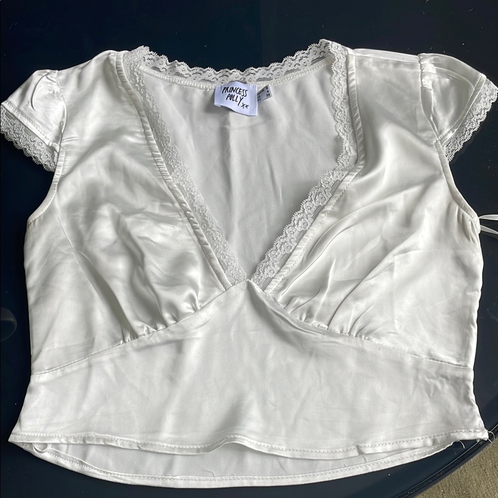 Princess Polly White Lace Trimmed Satin Blouse